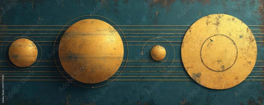 Poster graphic art with golden solar system design on dark background. round planet figures in circle orbit