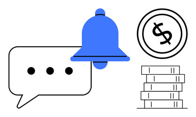 Speech bubble, blue notification bell, coin stack, and dollar coin outline. Ideal for alerts, communication, business, finance updates productivity reminders. Flat simple metaphor