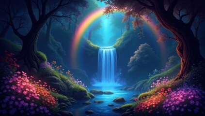 Naklejka premium Enchanted Forest with Glowing Flowers and Mystical Waterfall Scene