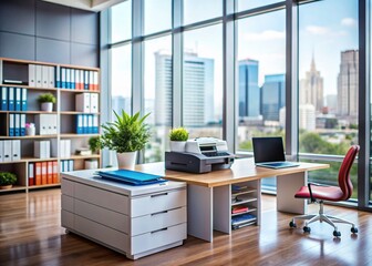 Panoramic Office Scene: Multifunction Printer Ready for Business Documents Printing, Copying, and Scanning