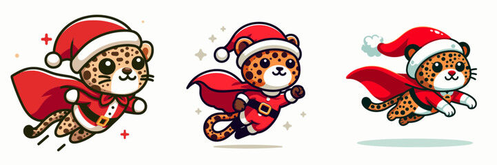 Leopard wear Santa Claus costumes flying with a cape a minimalist vector doodle graphic