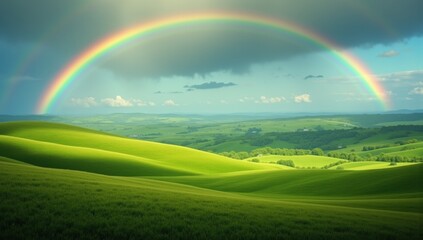 Obraz premium Utopian Landscape with Rolling Green Hills and Bright Double Rainbow