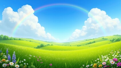 Vibrant Green Meadow with Colorful Wildflowers and Bright Rainbow