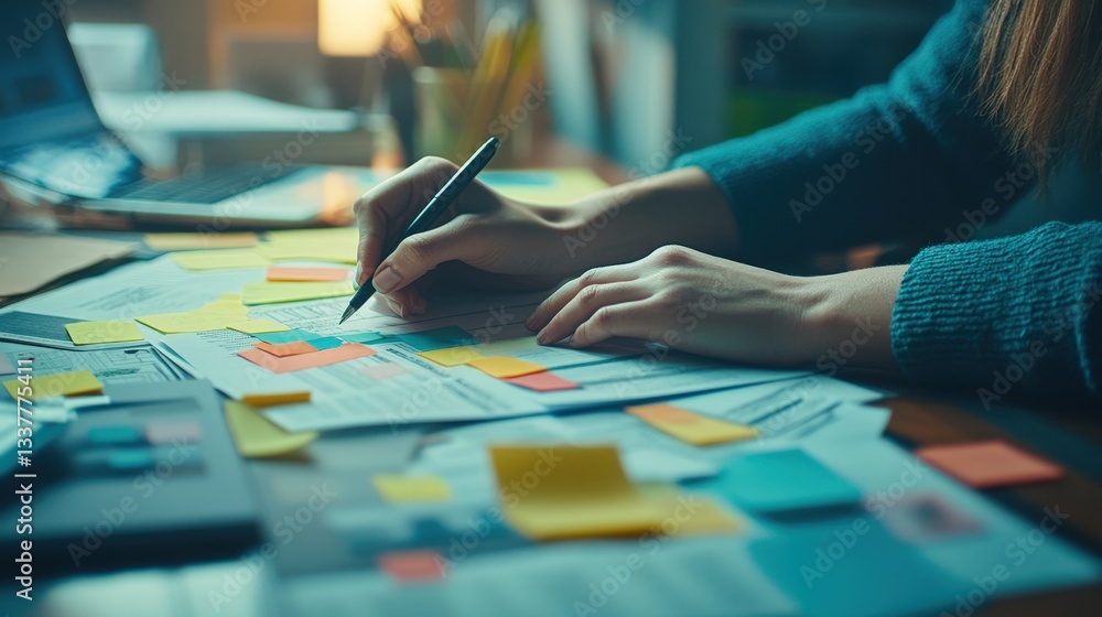 Poster brainstorming session with sticky notes on a table.