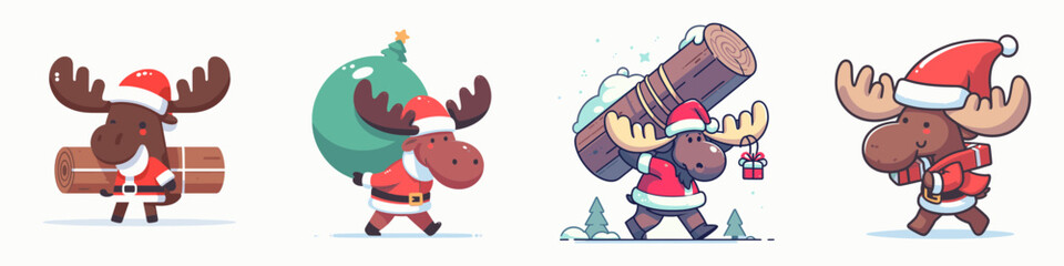 Moose wear Santa Claus costumes hand on chin curious minimalist doodle depicting festive woodland creatures.