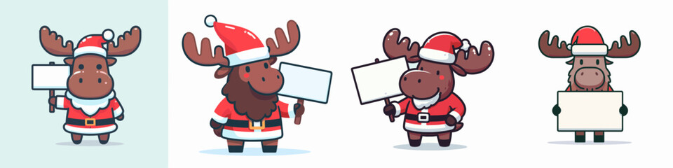 Moose wear Santa Claus costumes holding a sign a simple vector graphic depicting festive woodland creatures