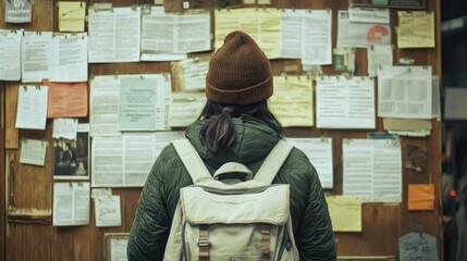 Person examining a bulletin board with notices.