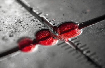 Close-up of defect with red color indication at butt weld carbon plate. Metallic structure crack inspection. Flaw detection by liquid penetration. Engineer control quality of weld joints.