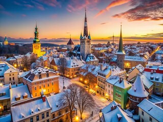 Fototapeta premium Panoramic Surreal Winter View of Tallinn Old Town, Estonia: Snow-Covered Roofs, St. Olaf's Church & Fortress Towers