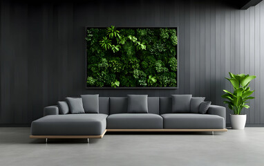 A modern living room featuring a sleek gray sofa, green wall art, and indoor plants for a fresh, inviting atmosphere.