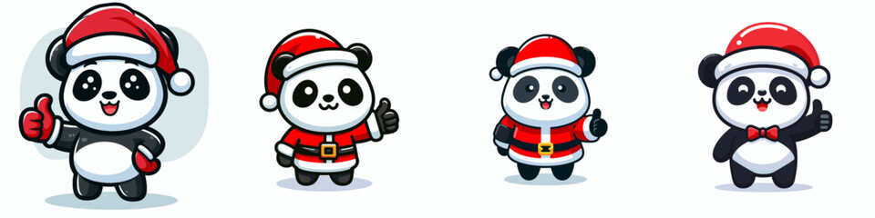 Panda wear Santa Claus costumes thumbs up a simple vector graphic drawing of festive bears celebrating Christmas
