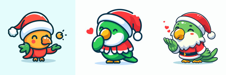 Parrot wear Santa Claus costumes blowing a kiss vector graphic simple minimalist design for a festive holiday card