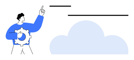 Naklejka premium Man holding a gear while pointing at a cloud, representing innovation, technology integration, and digital transformation. Ideal for automation, planning, strategy, IT, cloud services