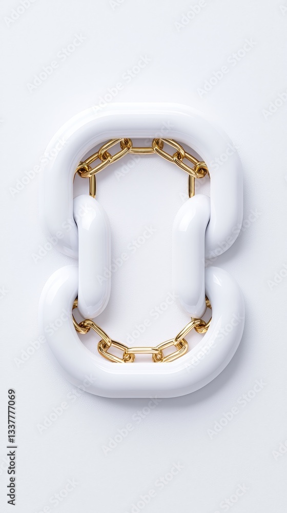 Poster abstract design of interlocking white and gold elements on a minimalist background.