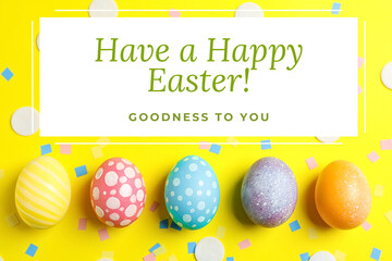 Easter, greeting inscription with painted eggs, on a yellow background