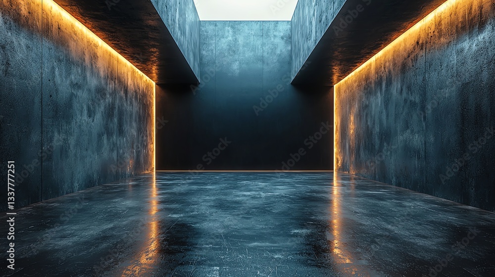 Poster exploring modern concrete architecture glowing with orange light in an empty space