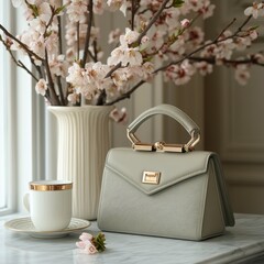 Elegant light grey handbag with textured leather, gold accents, sits on marble surface near blossoming branches in vase and teacup.