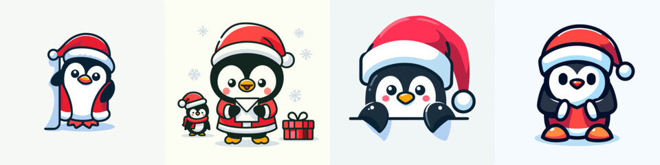 Penguin wear Santa Claus costumes peeking from behind a simple minimalist vector graphic of festive fun