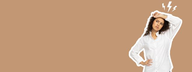 Stress month, tired woman in a white shirt on a brown background, space for text