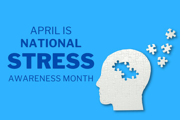 Stress month, head made of white puzzles on a blue background with text, top view