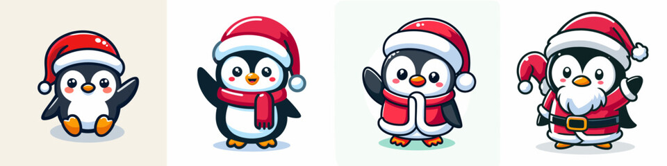 Penguin wear Santa Claus costumes waving hand a simple vector graphic illustration of festive birds
