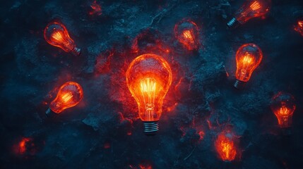 Glowing incandescent light bulbs on dark textured surface. Fiery, intense light, dark background, abstract concept of ideas and innovation.