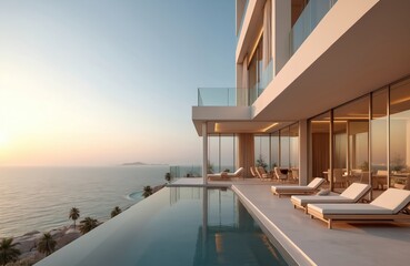 Obraz premium Luxury apartments in Dubai at sunset. Modern architecture building with sea view and rooftop pool. Palms and rocks near beach. Great place for luxury lifestyle vacation.