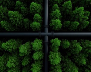 Aerial view of green trees surrounding black piping in a natural landscape.