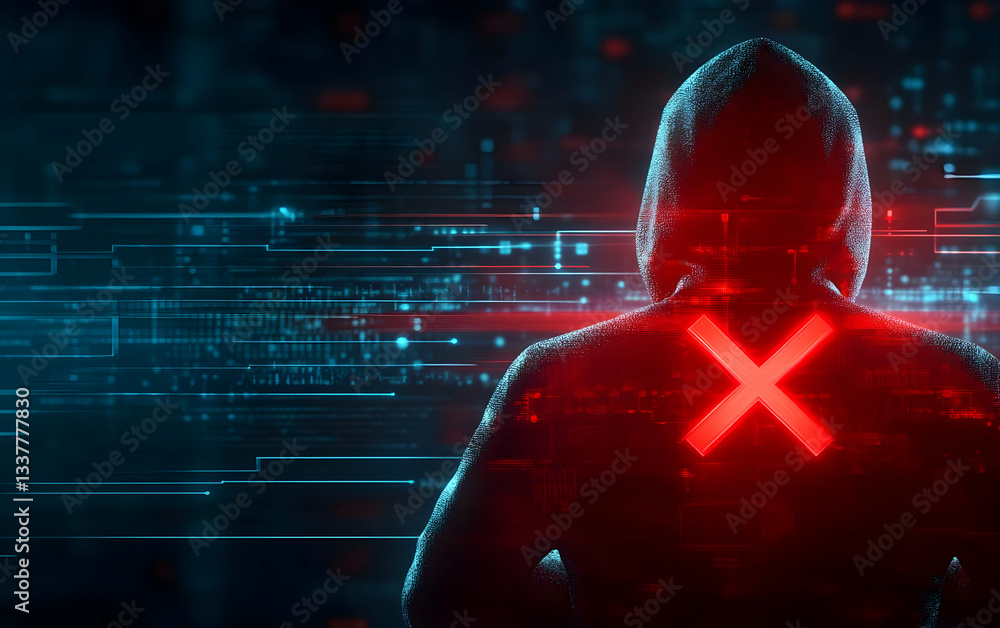 Poster a mysterious figure in a hoodie with a red 'x' on the back, surrounded by digital symbols and data s