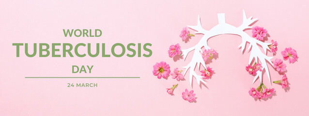 World Tuberculosis Day, image of healthy human lungs with pink flowers on a pink background, with...