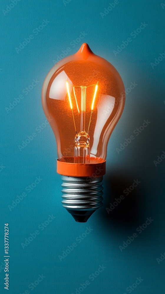 Poster glowing amber lightbulb on a teal background. the bulb is illuminated, casting a warm light. the ima