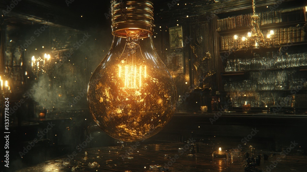 Poster glowing lightbulb in a dark bar setting, with sparkling particles and bokeh effect. warm light contr