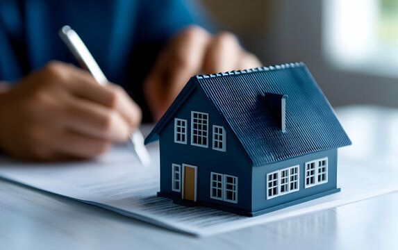 A person is reviewing documents with a miniature house on the table, symbolizing real estate and home ownership.