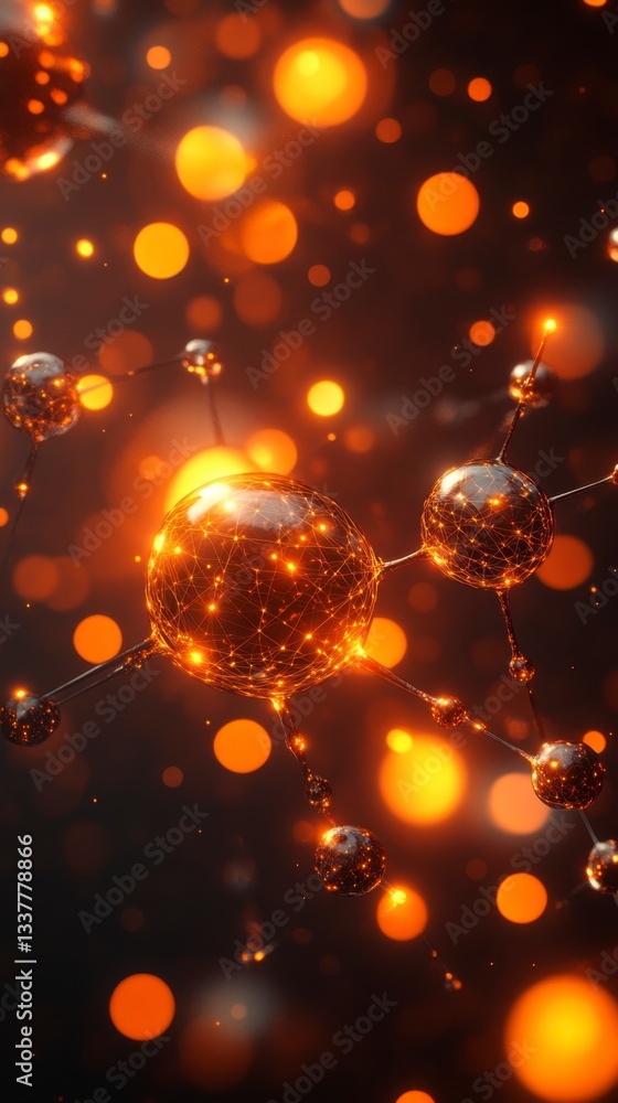 Poster abstract 3d rendering of metallic spheres connected by thin lines, illuminated by warm orange and go