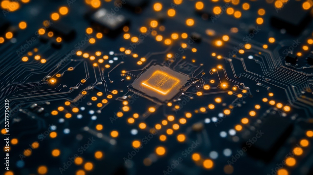 Poster close up of a circuit board with glowing orange components, shallow depth of field, dark background,