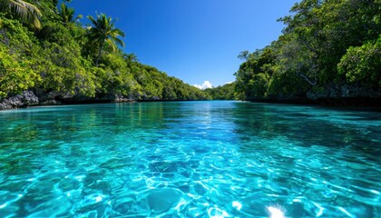 Fototapeta premium Breathtaking view of crystal-clear water surrounded by lush greenery under a blue sky.