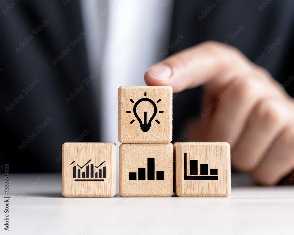 Poster business concepts represented by wooden blocks with graphs and light bulb icon.