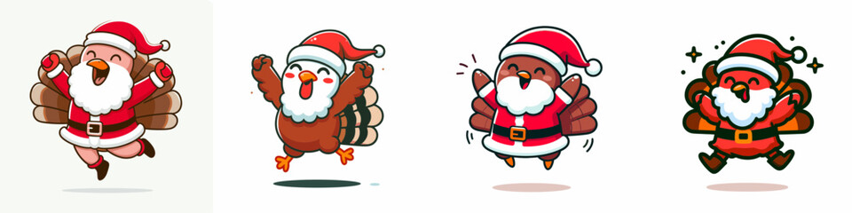Obraz premium Turkey wear Santa Claus costumes jumping with joy a minimalist vector drawing depicts festive fun