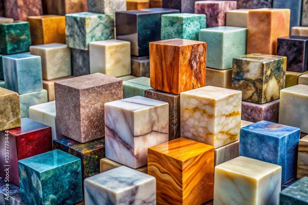Poster panoramic view of stacked colorful marble cubes, abstract texture background
