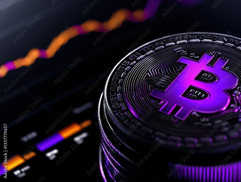 Poster close-up of a bitcoin coin with vibrant colors and a fluctuating graph background.