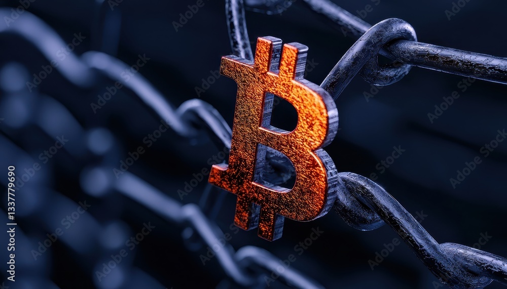 Poster close-up of a bitcoin symbol attached to a chain link, representing digital currency.