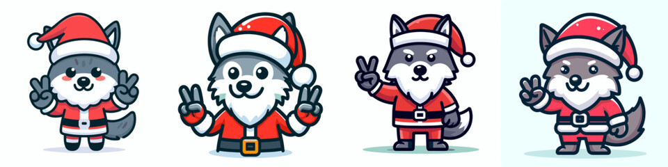 Fototapeta premium Wolf wearing Santa Claus costumes making a peace sign doodle a heartwarming winter holiday graphic