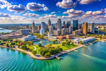 Naklejka premium Panoramic View of Windsor, Ontario Skyline from Detroit, Michigan Across the Detroit River