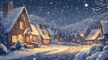 Enchanting Snowfall in a Christmas Village