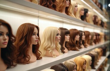 Showcase of diverse female wigs on mannequins, arranged on shelves. Wig selection in various colors, styles at wig shop. Beauty fashion concept. Haircare advertisement, wig e-commerce store promo,