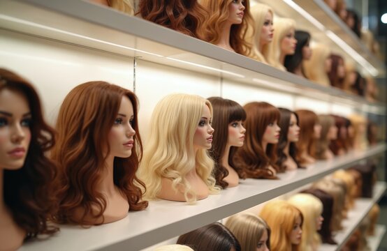 Showcase of diverse female wigs on mannequins, arranged on shelves. Wig selection in various colors, styles at wig shop. Beauty fashion concept. Haircare advertisement, wig e-commerce store promo,