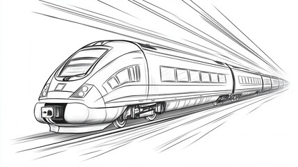 High speed train speeding through a tunnel, monochrome illustration, dynamic lines suggesting motion and speed. 