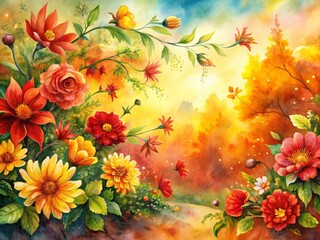 Panoramic Watercolor Painting: Vibrant Red and Yellow Floral Landscape