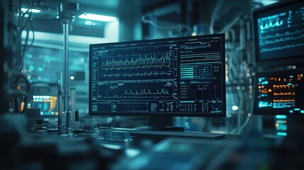 Close-up of a computer screen in the background, displaying medical data, surrounded by life support machines and monitors with various array lines and graphs on it.