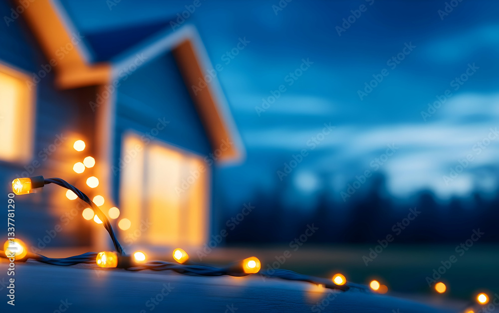 Poster a serene evening scene with glowing string lights adorning a cozy home, creating a warm and inviting